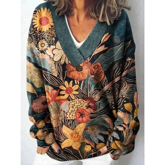 Women's Floral Print Long Sleeve Pullover Sweatshirt Casual Cozy Fall Top