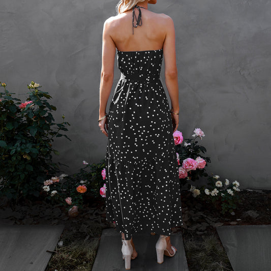 Women's Polka Dot Maxi Dress – V-Neck Spaghetti Strap Summer Outfit