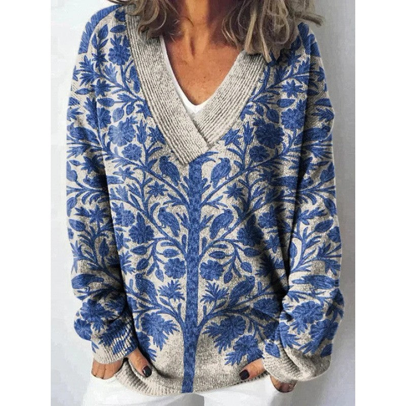 Women's Floral Print Long Sleeve Pullover Sweatshirt Casual Cozy Fall Top