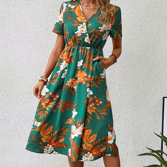 Printed V-Neck Midi Dress – Short Sleeve & Flowy Fit