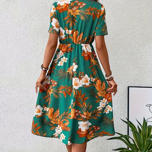 Printed V-Neck Midi Dress – Short Sleeve & Flowy Fit