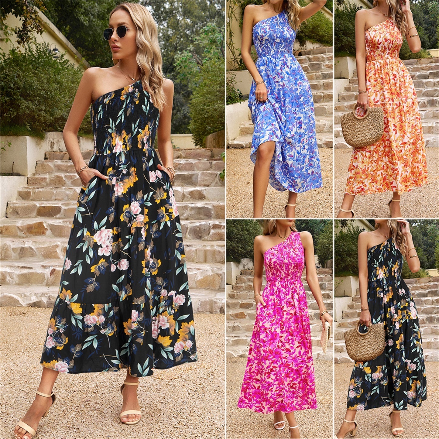 One-Shoulder Printed Maxi Dress – Elegant Women's Evening Outfit