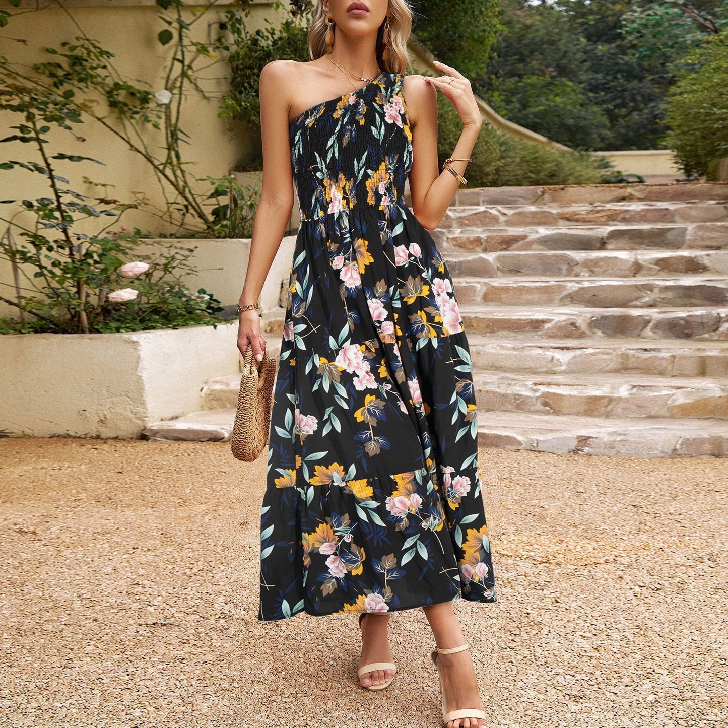 One-Shoulder Printed Maxi Dress – Elegant Women's Evening Outfit