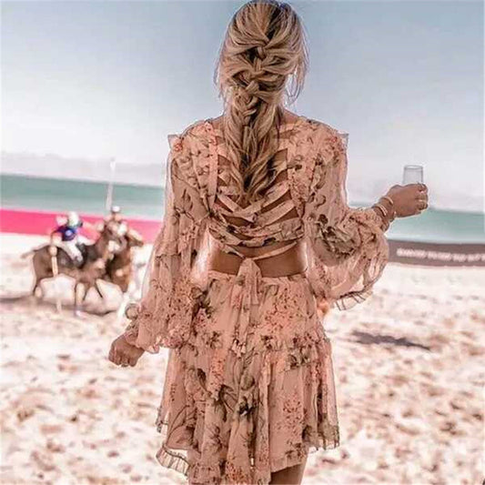 Deep V-Neck Floral Mini Dress – Backless, Long Sleeve