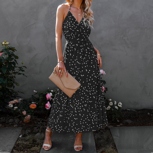 Women's Polka Dot Maxi Dress – V-Neck Spaghetti Strap Summer Outfit