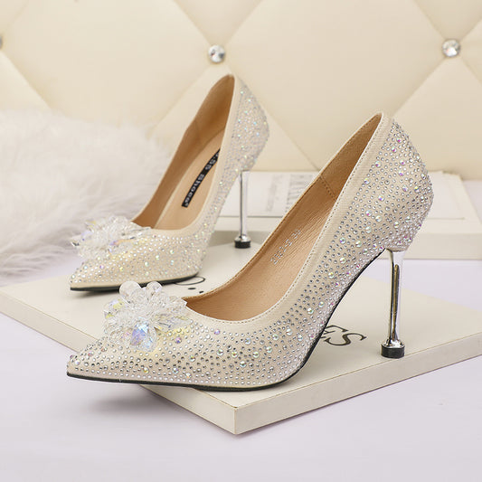 Pointed Toe Rhinestone High Heels – Slim Look & Shallow Cut