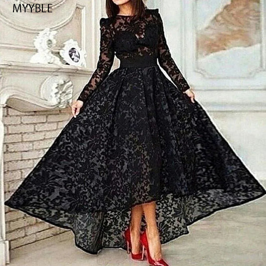 Customized Black A-Line Evening Dress – Long Sleeve, Tea Length, Lace, Elegant Gown