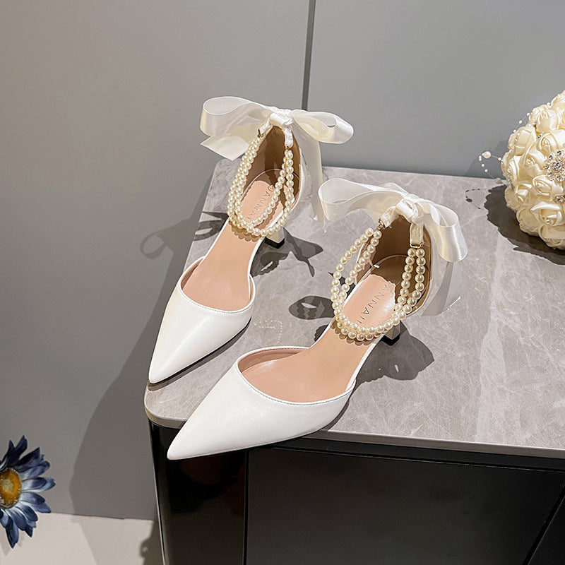White Wedding Heels – Pearl Chain & Bow Detail