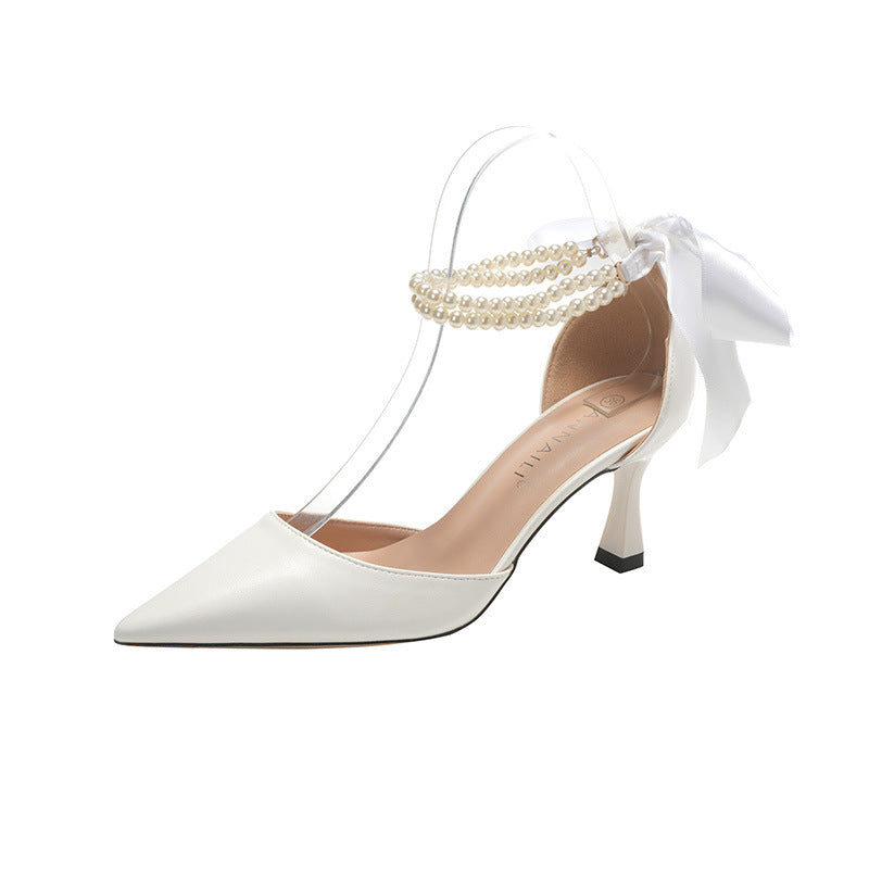 White Wedding Heels – Pearl Chain & Bow Detail