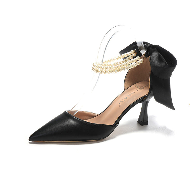 White Wedding Heels – Pearl Chain & Bow Detail