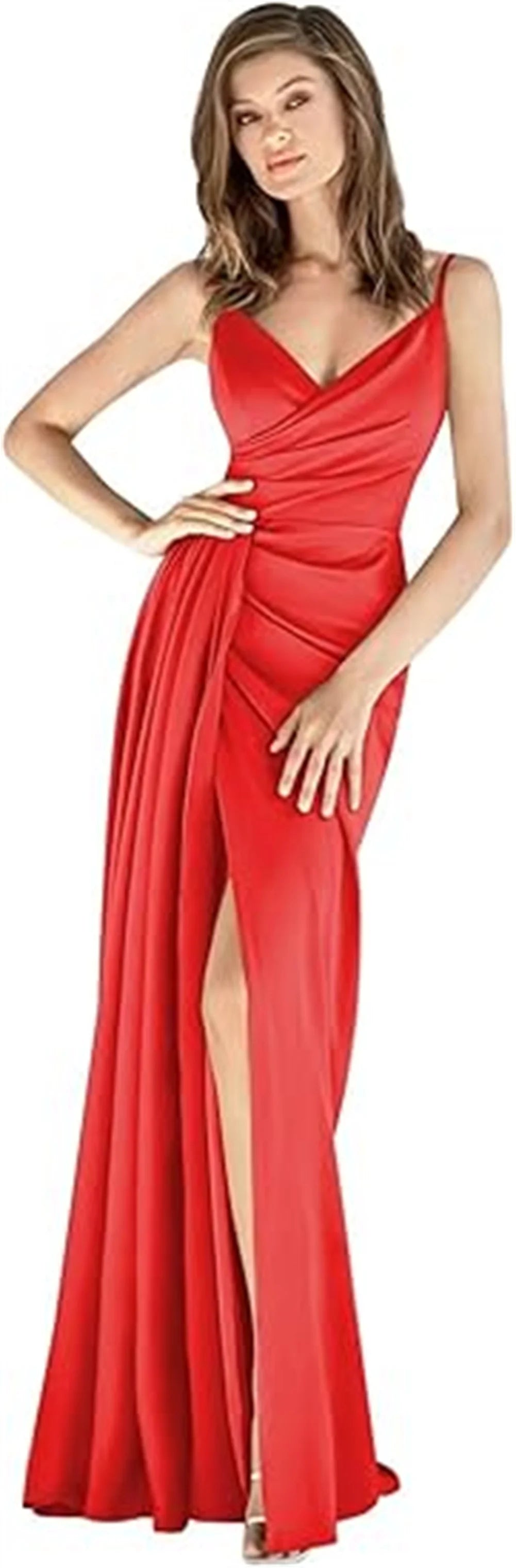 V-Neck Satin Bridesmaid Dress – Slit, Spaghetti Straps, Mermaid Fit, Pleated Gown