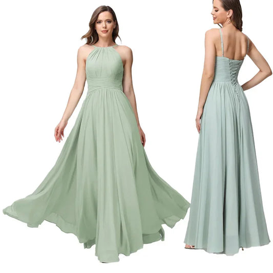 A-Line Chiffon Bridesmaid Dress – Halter Neck, Pleated, Corset Back, Formal Gown