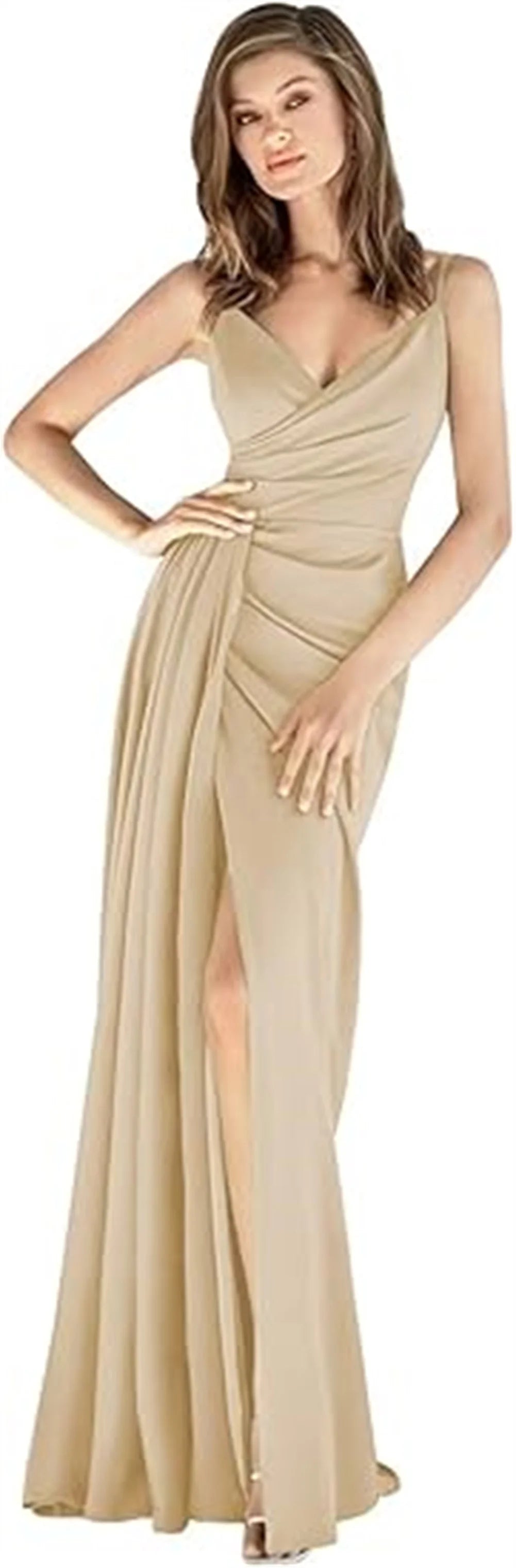 V-Neck Satin Bridesmaid Dress – Slit, Spaghetti Straps, Mermaid Fit, Pleated Gown