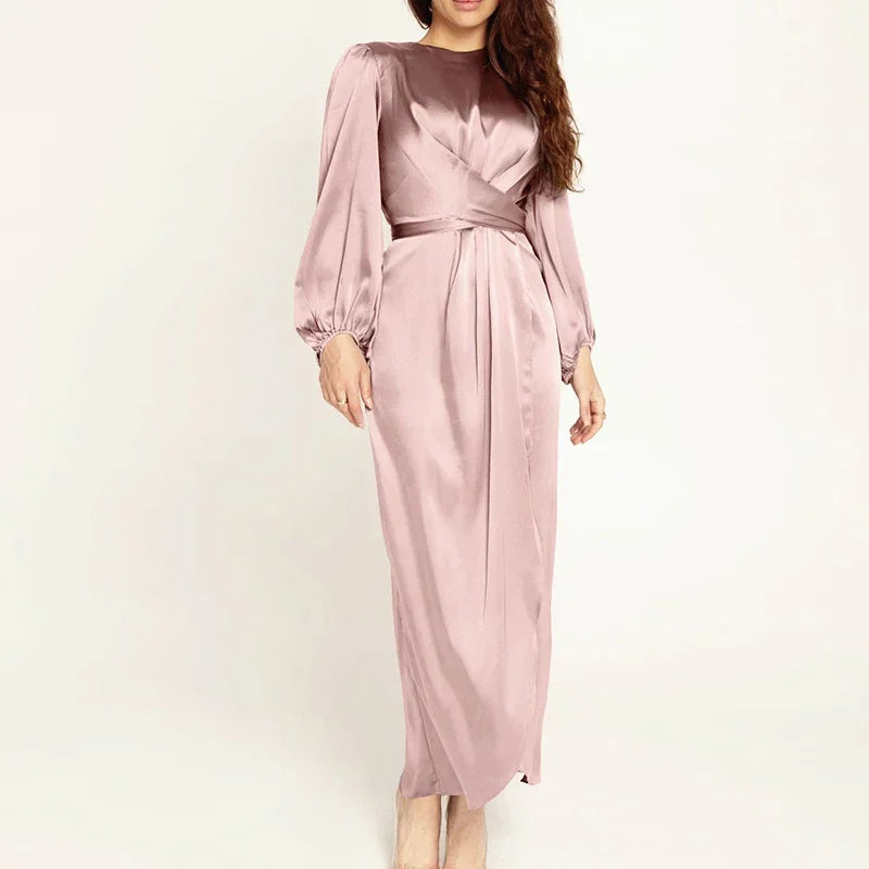 Satin Maxi Muslim Dress – Long Sleeve, Wrap Front, Modest Evening Gown