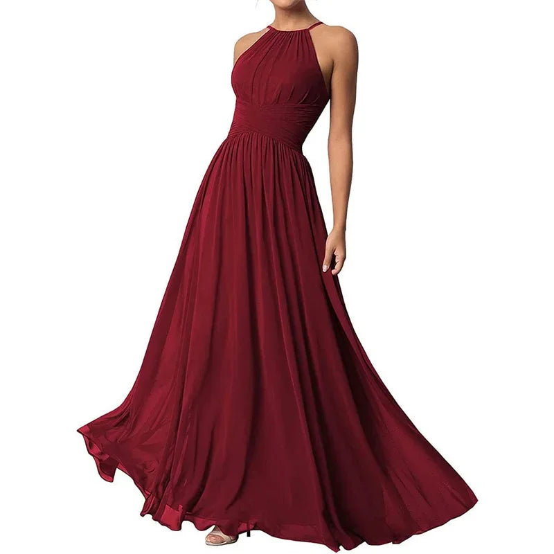 A-Line Chiffon Bridesmaid Dress – Halter Neck, Pleated, Corset Back, Formal Gown