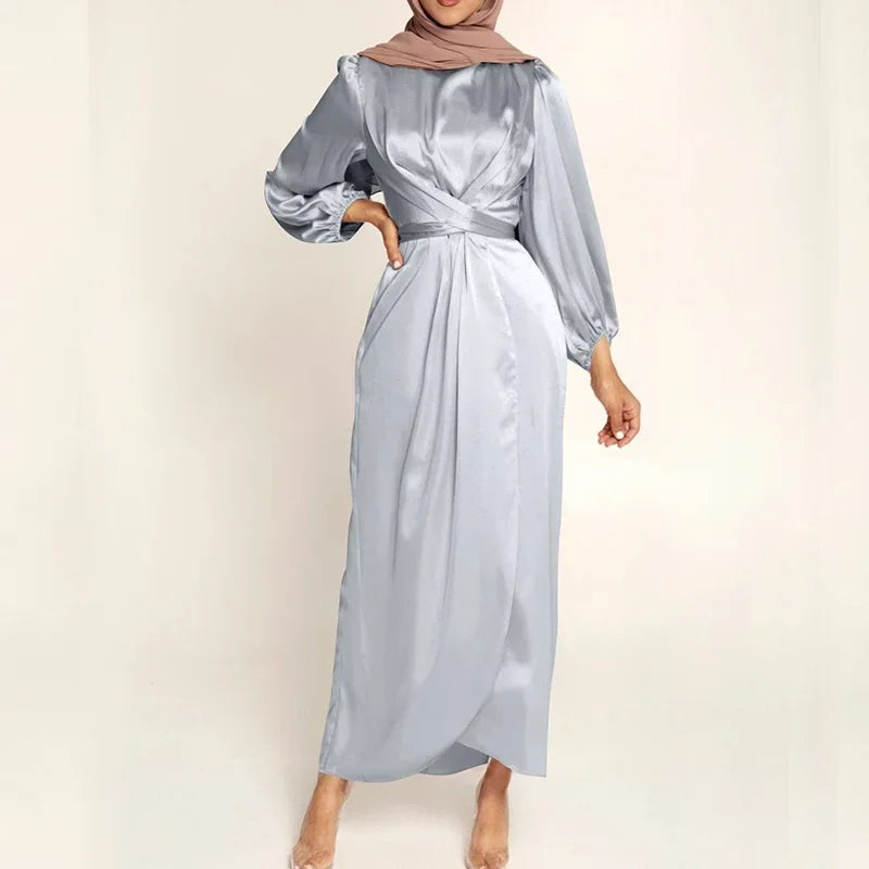 Satin Maxi Muslim Dress – Long Sleeve, Wrap Front, Modest Evening Gown