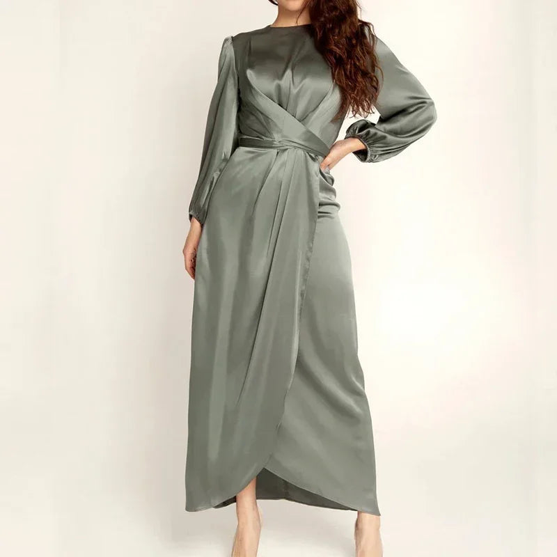 Satin Maxi Muslim Dress – Long Sleeve, Wrap Front, Modest Evening Gown