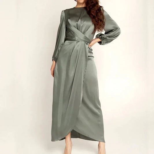 Satin Maxi Muslim Dress – Long Sleeve, Wrap Front, Modest Evening Gown