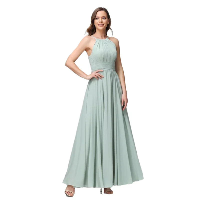 A-Line Chiffon Bridesmaid Dress – Halter Neck, Pleated, Corset Back, Formal Gown