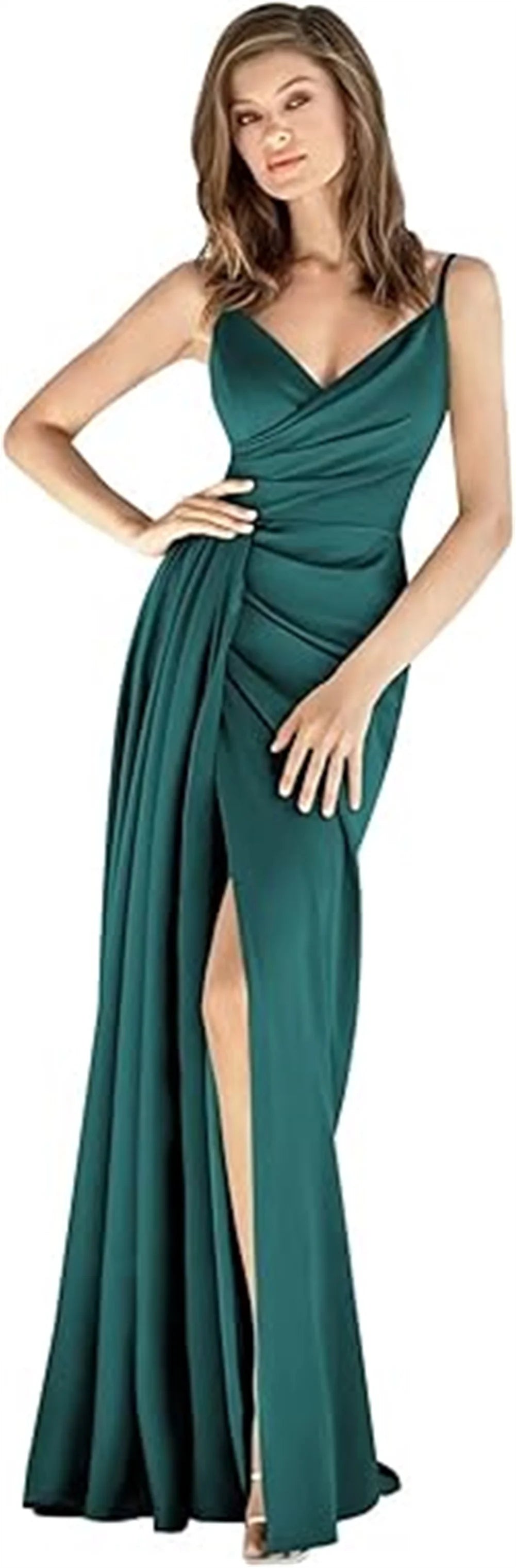 V-Neck Satin Bridesmaid Dress – Slit, Spaghetti Straps, Mermaid Fit, Pleated Gown
