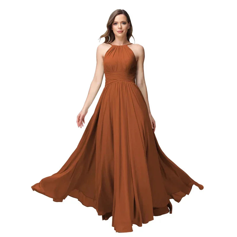 A-Line Chiffon Bridesmaid Dress – Halter Neck, Pleated, Corset Back, Formal Gown