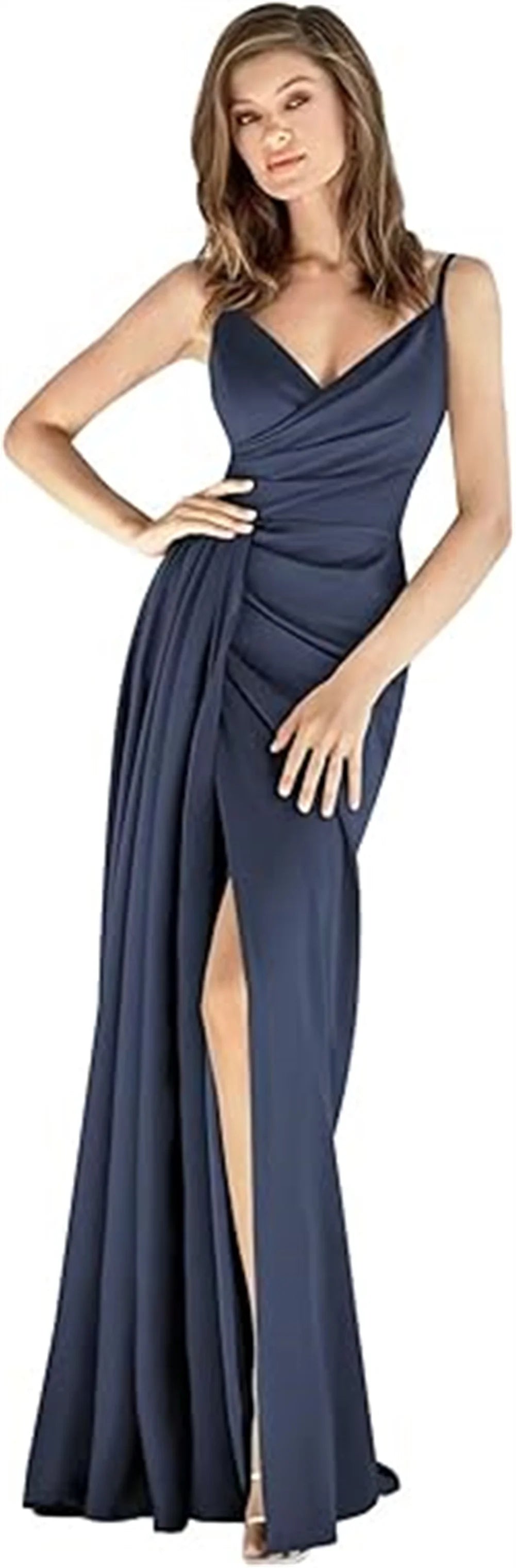 V-Neck Satin Bridesmaid Dress – Slit, Spaghetti Straps, Mermaid Fit, Pleated Gown