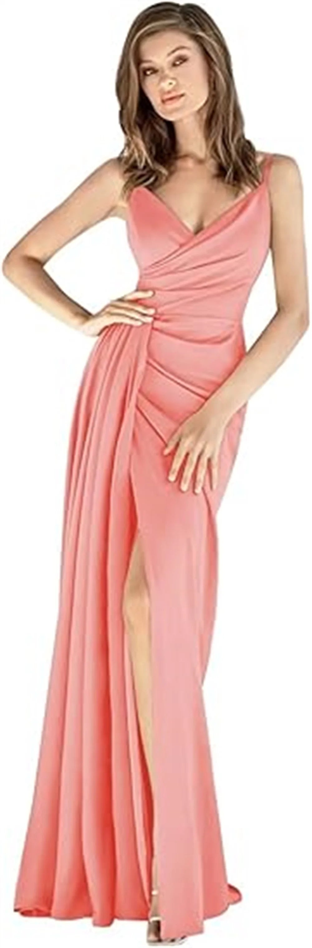 V-Neck Satin Bridesmaid Dress – Slit, Spaghetti Straps, Mermaid Fit, Pleated Gown