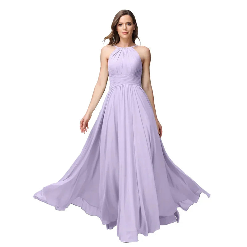 A-Line Chiffon Bridesmaid Dress – Halter Neck, Pleated, Corset Back, Formal Gown