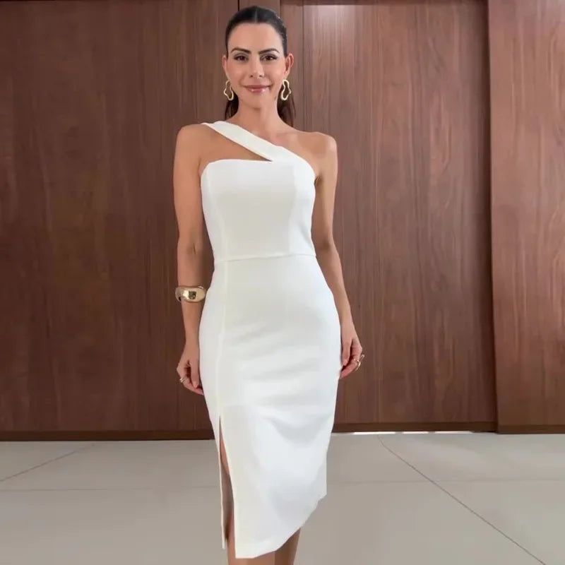 Slimming Single Shoulder Dress – Waist Cinched, Split Wrap Skirt, Elegant 2024 Fashion