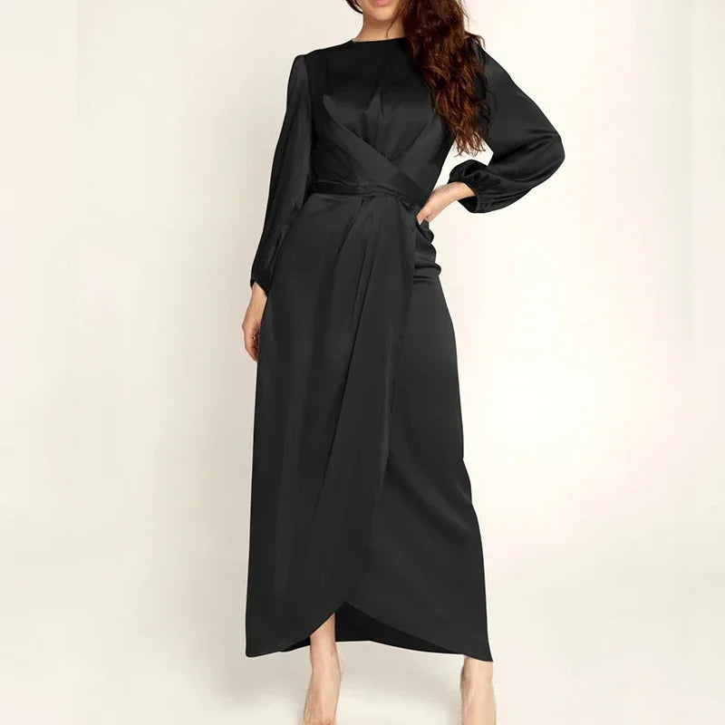 Satin Maxi Muslim Dress – Long Sleeve, Wrap Front, Modest Evening Gown