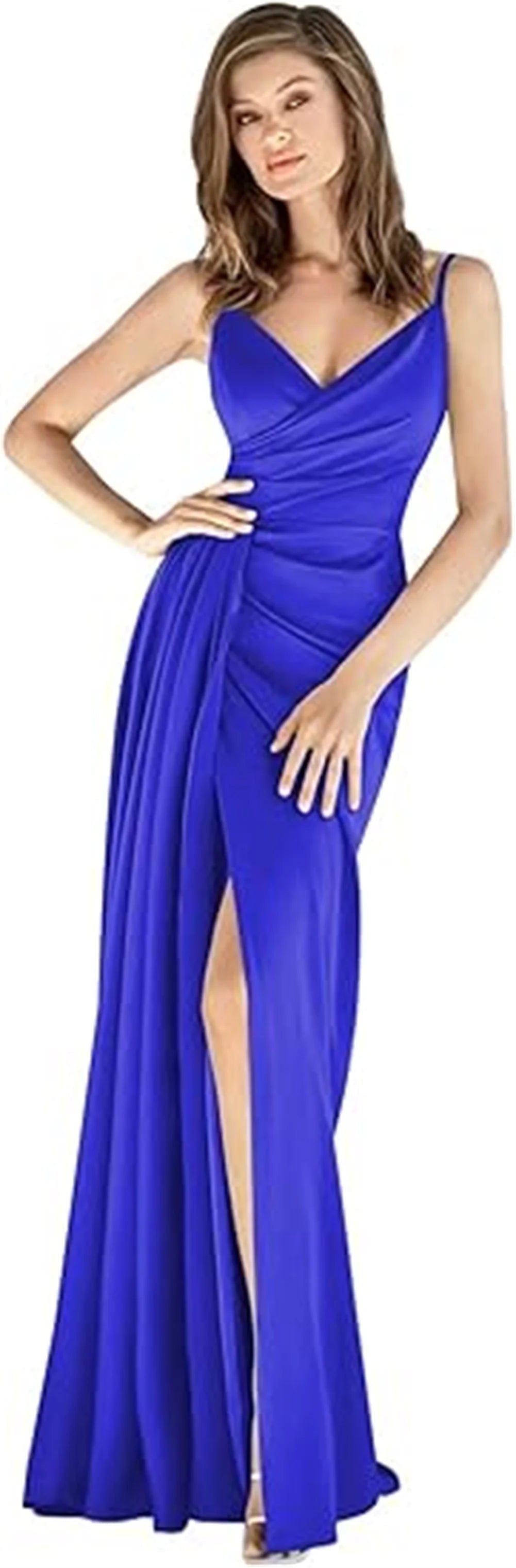 V-Neck Satin Bridesmaid Dress – Slit, Spaghetti Straps, Mermaid Fit, Pleated Gown