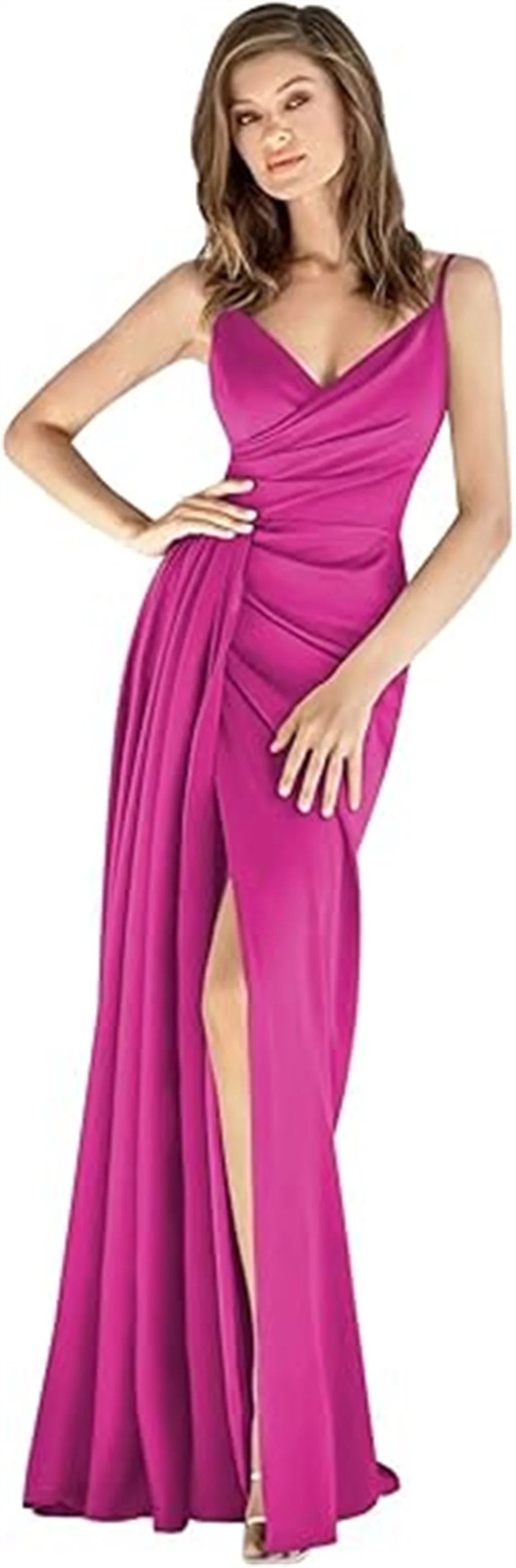 V-Neck Satin Bridesmaid Dress – Slit, Spaghetti Straps, Mermaid Fit, Pleated Gown