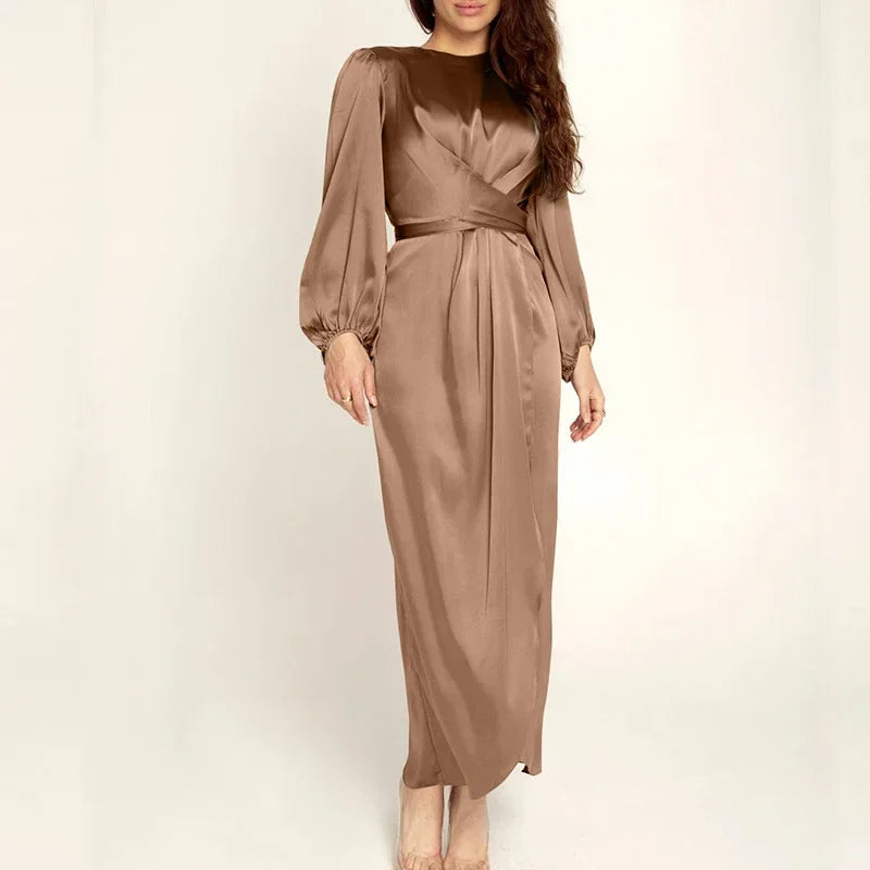 Satin Maxi Muslim Dress – Long Sleeve, Wrap Front, Modest Evening Gown