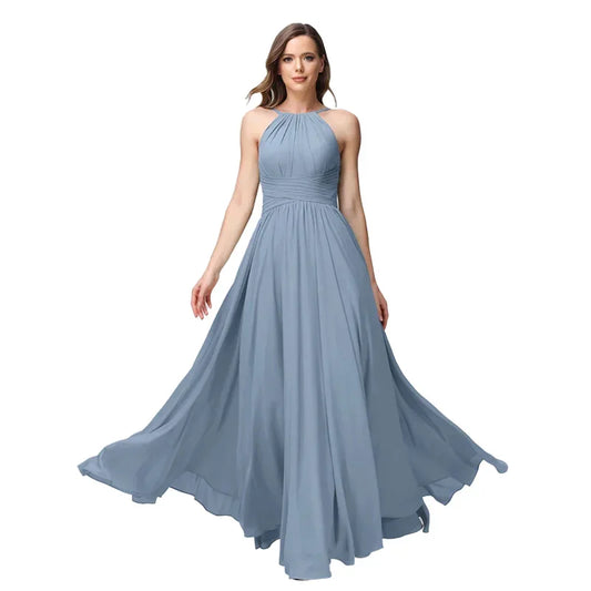 A-Line Chiffon Bridesmaid Dress – Halter Neck, Pleated, Corset Back, Formal Gown