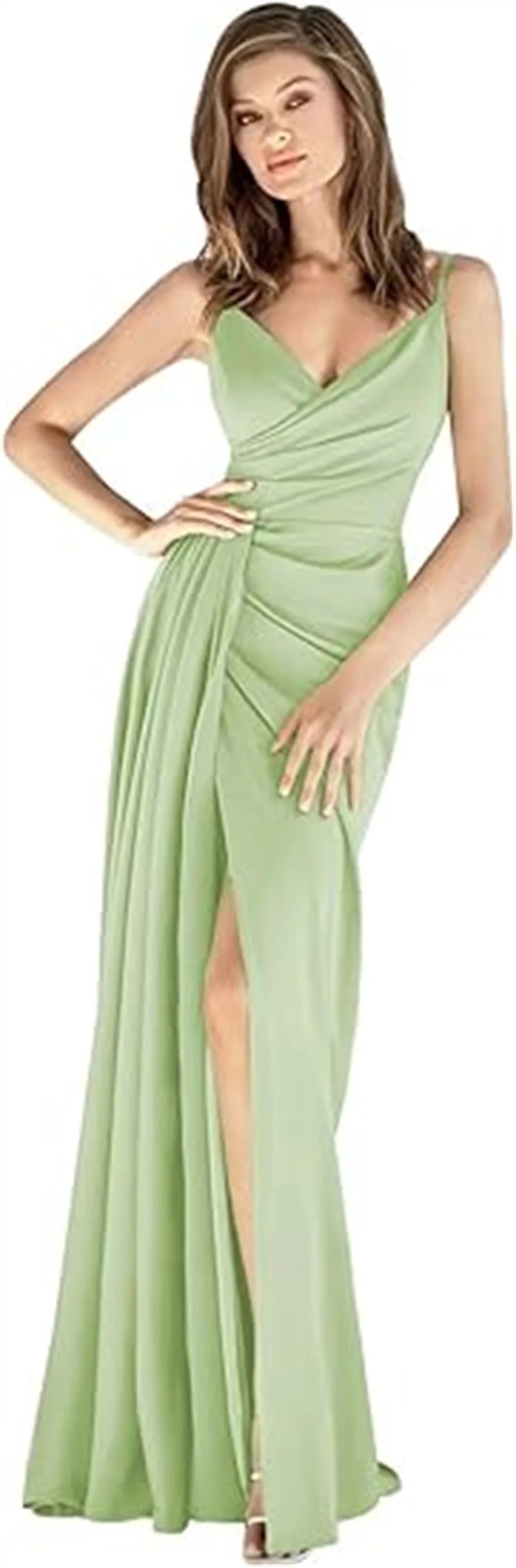 V-Neck Satin Bridesmaid Dress – Slit, Spaghetti Straps, Mermaid Fit, Pleated Gown