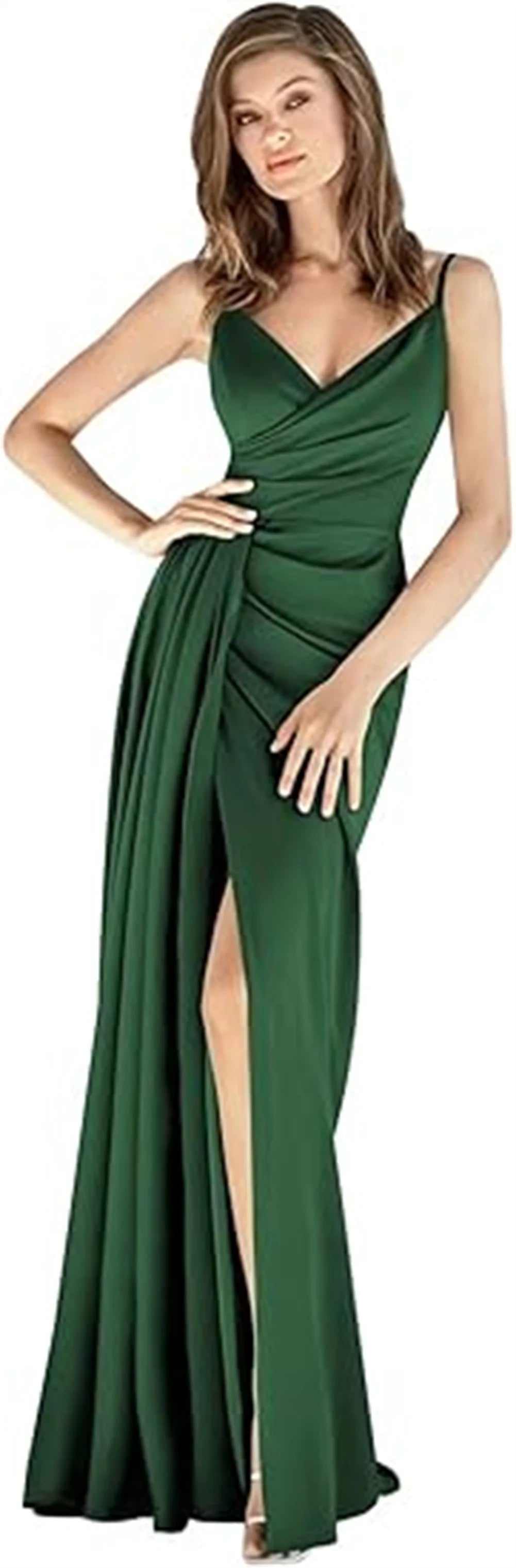 V-Neck Satin Bridesmaid Dress – Slit, Spaghetti Straps, Mermaid Fit, Pleated Gown