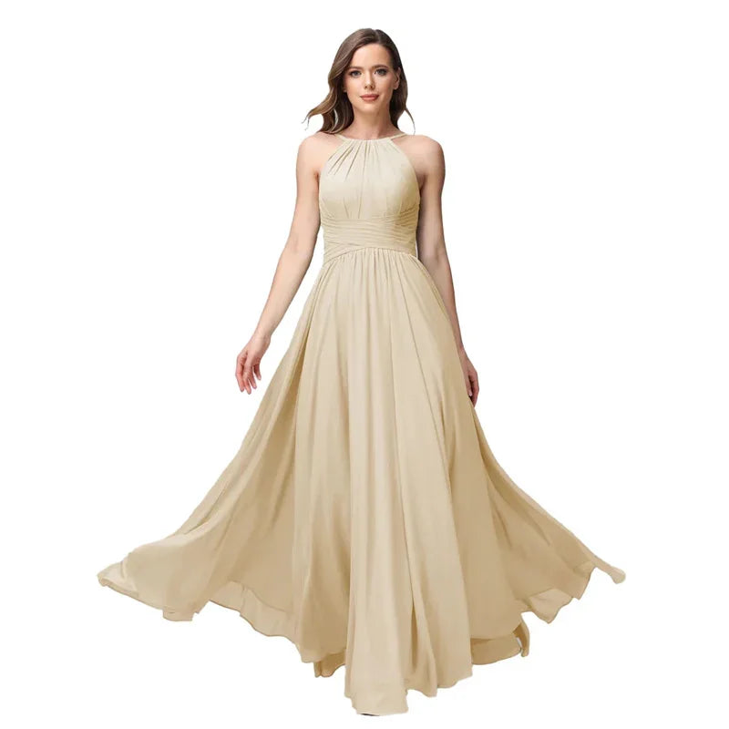 A-Line Chiffon Bridesmaid Dress – Halter Neck, Pleated, Corset Back, Formal Gown