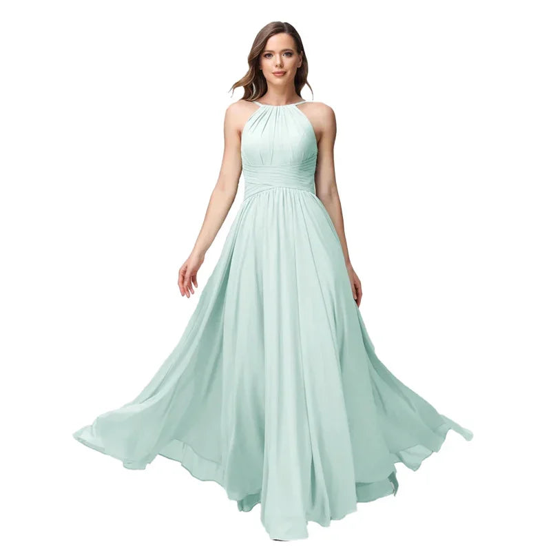 A-Line Chiffon Bridesmaid Dress – Halter Neck, Pleated, Corset Back, Formal Gown