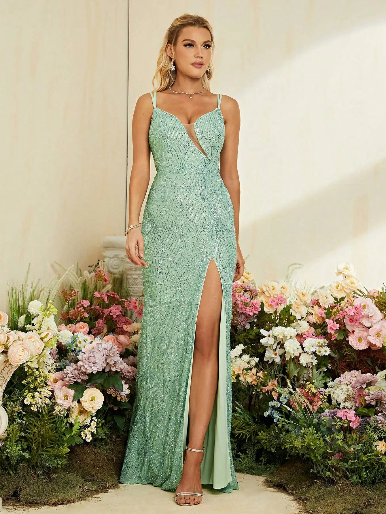 "Halter V-Neck Mesh Fishtail Gown – High Slit See-Through Evening Dress"
