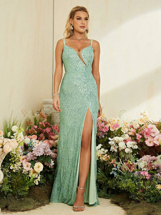 "Halter V-Neck Mesh Fishtail Gown – High Slit See-Through Evening Dress"