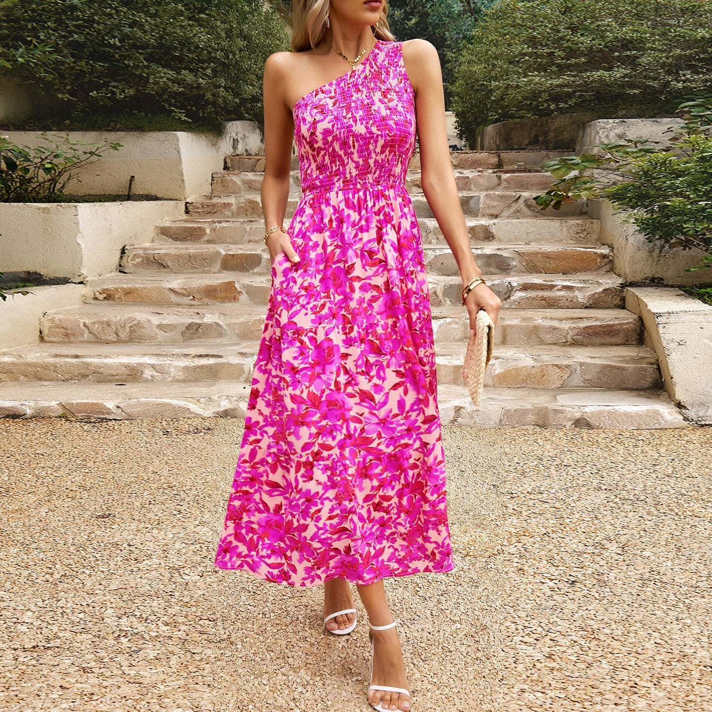 One-Shoulder Printed Maxi Dress – Elegant Women's Evening Outfit