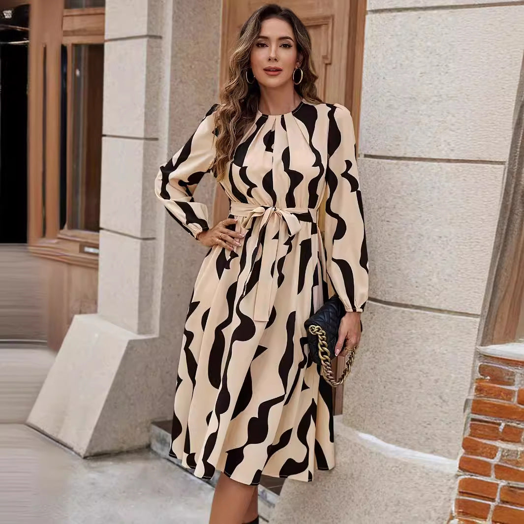 Elegant Printed Tie-Waist Midi Dress – Chic & Flowy Skirt