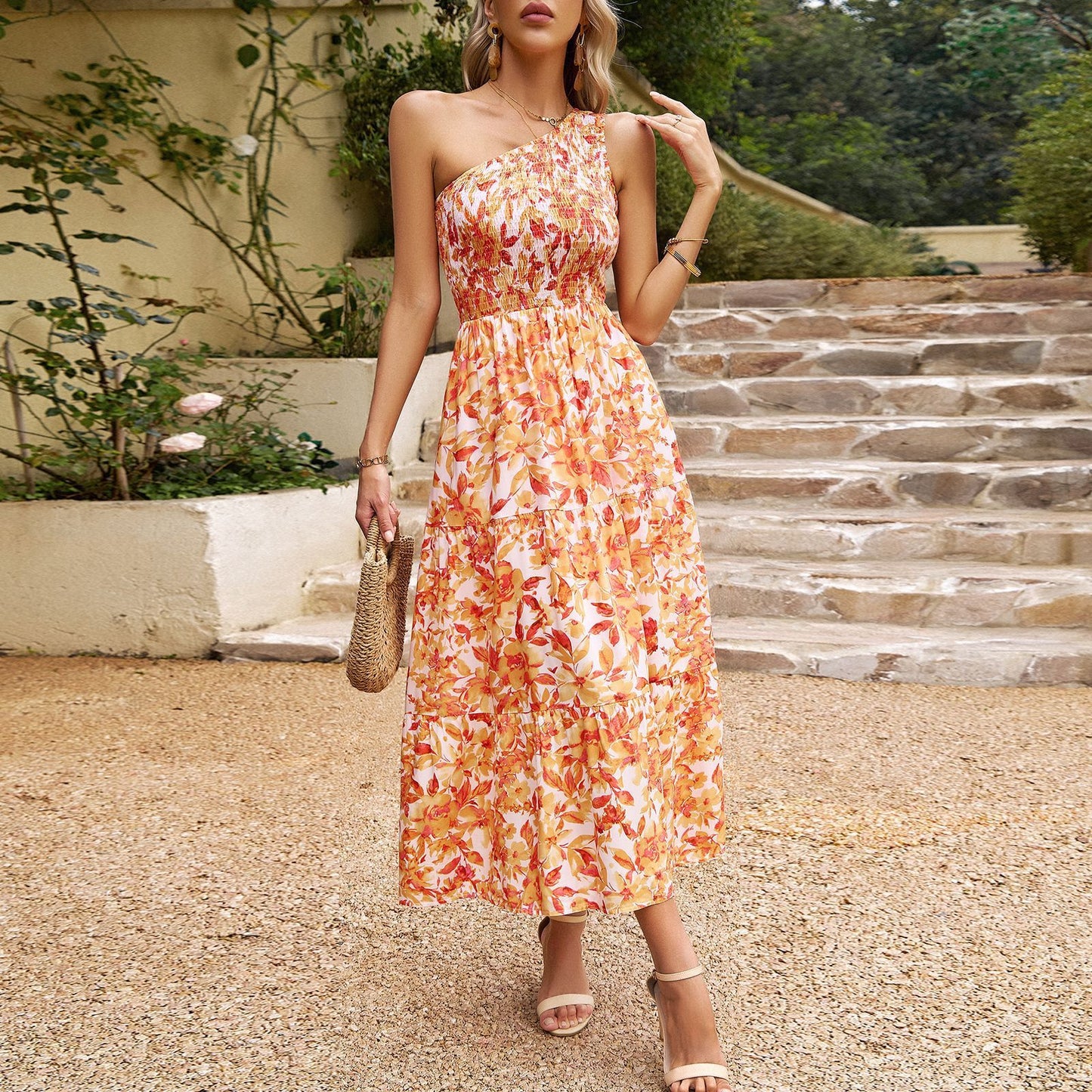 One-Shoulder Printed Maxi Dress – Elegant Women's Evening Outfit