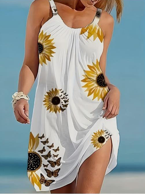 Plus Size Sunflower Print Sleeveless Dress – Casual, Party, Sexy Wrap
