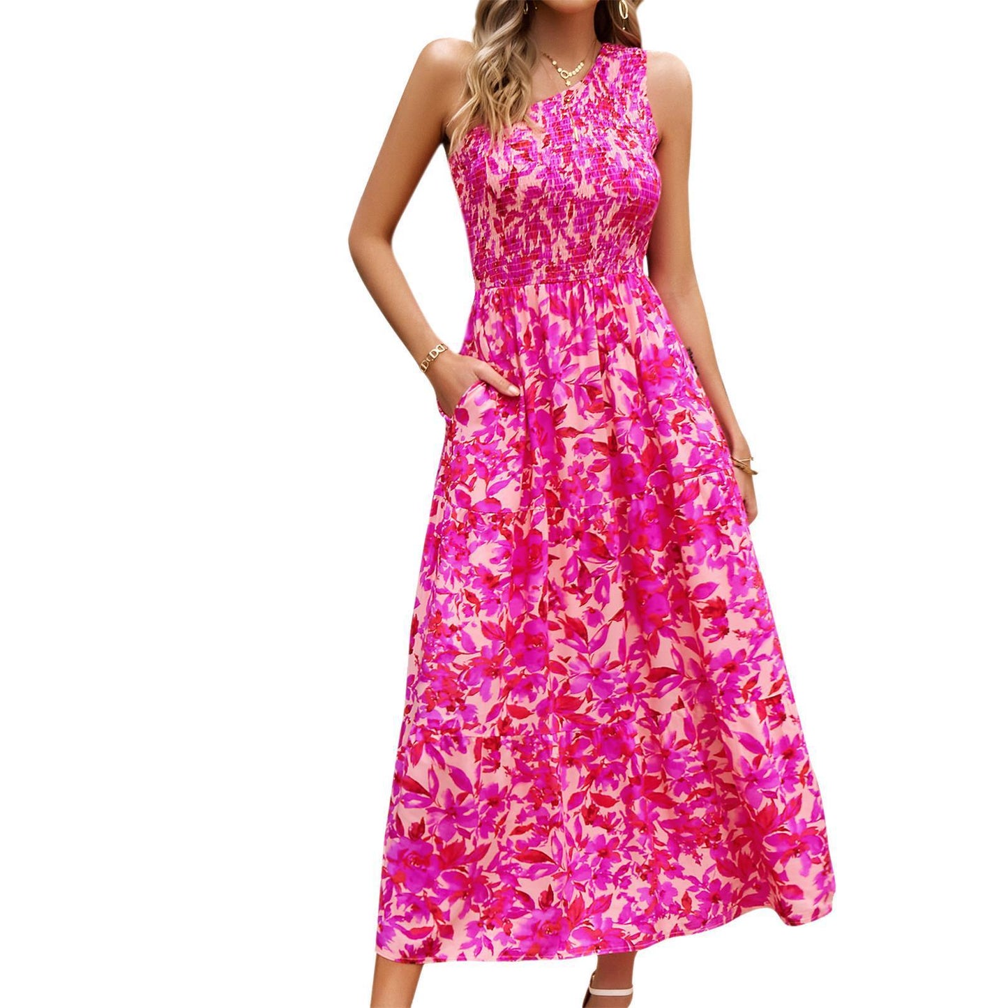One-Shoulder Printed Maxi Dress – Elegant Women's Evening Outfit
