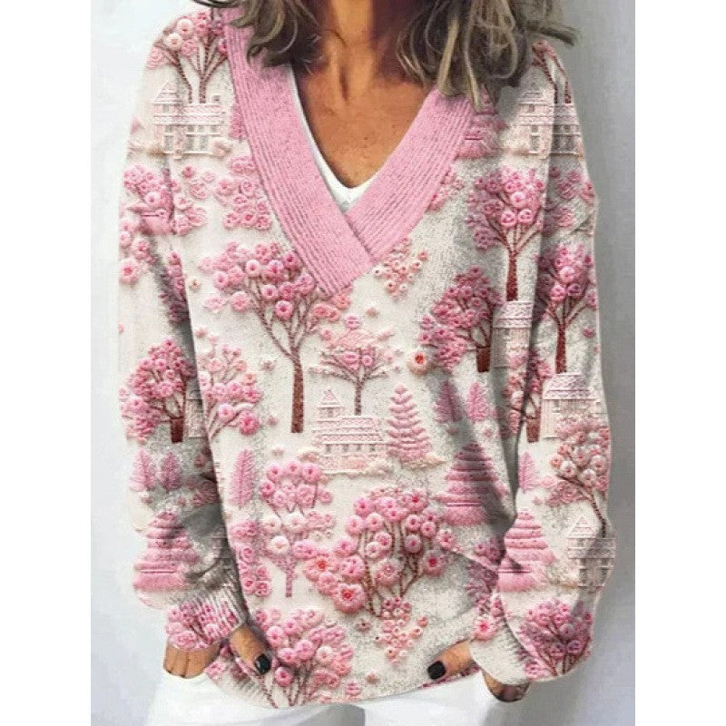 Women's Floral Print Long Sleeve Pullover Sweatshirt Casual Cozy Fall Top