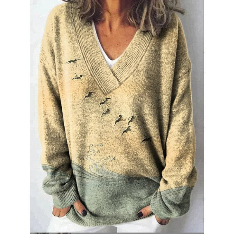 Women's Floral Print Long Sleeve Pullover Sweatshirt Casual Cozy Fall Top