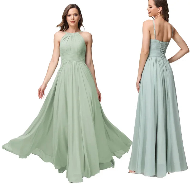 A-Line Chiffon Bridesmaid Dress – Halter Neck, Pleated, Corset Back, Formal Gown
