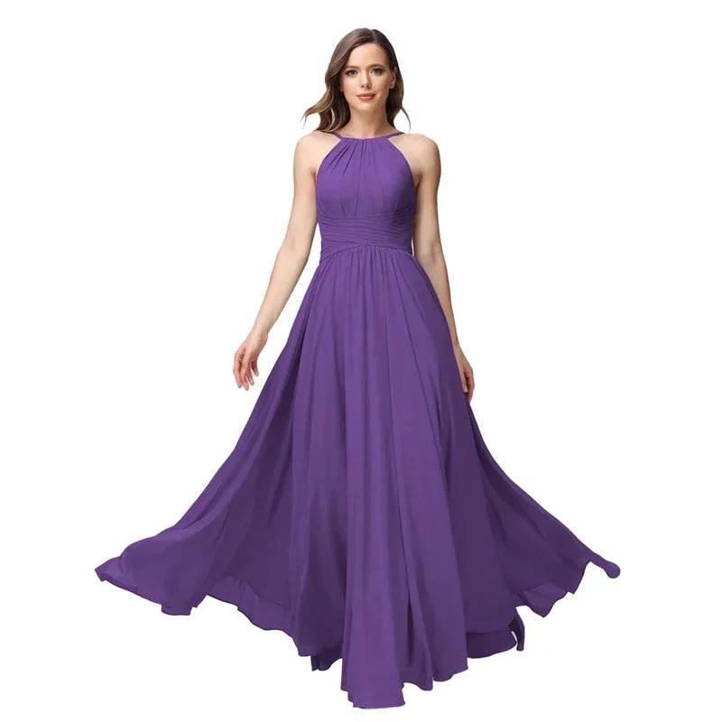 A-Line Chiffon Bridesmaid Dress – Halter Neck, Pleated, Corset Back, Formal Gown