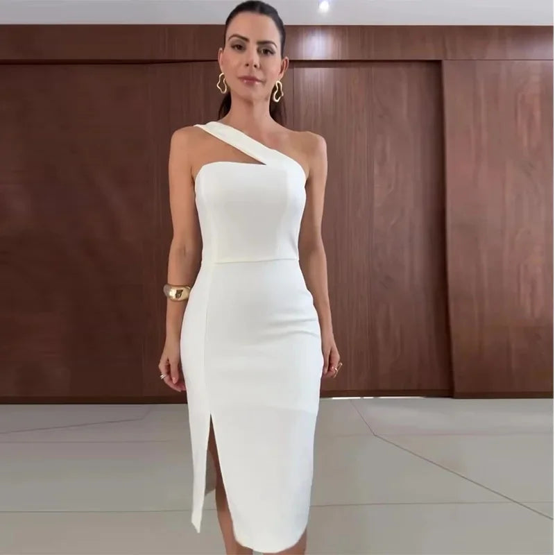 Slimming Single Shoulder Dress – Waist Cinched, Split Wrap Skirt, Elegant 2024 Fashion